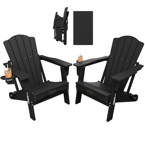 THOEOE Folding Adirondack Chair Set of 2,HDPE All-Weather Outdoor Chair with Cup Holder,Wooden Textured,Fire Pit Chair,Plastic Patio Chair for Deck,Backyard,Garden,Lawn, Black