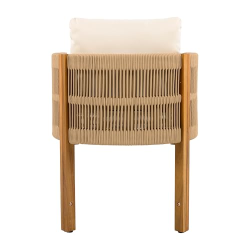 Christopher Knight Home Levi Set of 2 Outdoor Dining Chairs, Acacia Wood Patio Dining Room Chair with Waterproof Cushions, Rope-Wrapped Accents, Comfy Poolside Kitchen Chairs, Teak + Beige
