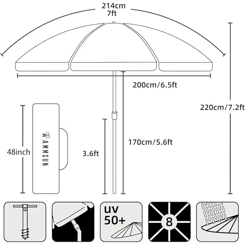 AMMSUN 7ft Heavy Duty HIGH Wind Beach Umbrella with sand anchor Vent Tilt Sun Shelter, UV 50+ Protection Portable Outdoor Sunshade Umbrellas Carry Bag for Patio Garden Pool Backyard Rust Red