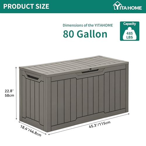 YITAHOME 80 Gallon Resin Deck Box, Waterproof Outdoor Storage Box, Lockable Indoor Outdoor Storage Bench for Supplies and Essentials, Taupe