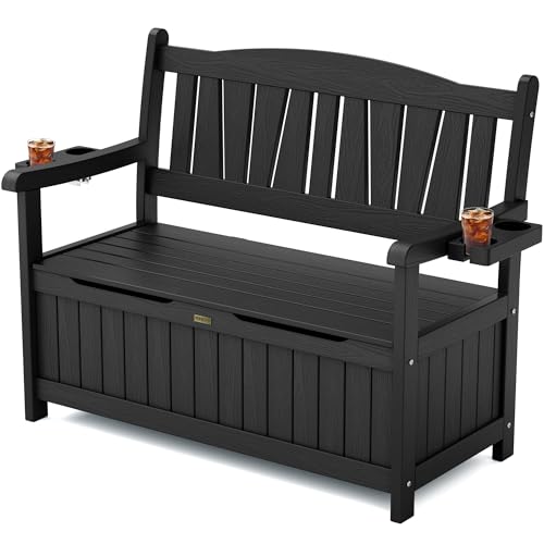 YEFU Outdoor Storage Bench for Patio: Heavy Duty Garden Bench with 96° High Backrest & Oversized Seating - HIPS Weatherproof Patio Bench with Storage for Porch Park Backyard, Black