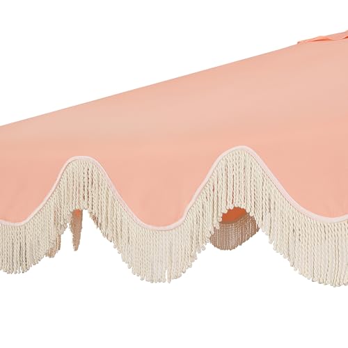 JONATHAN Y Collins 9 ft. Bohemian Fringe Outdoor Patio Umbrella with Crank Lift and Tilt, Scalloped UV-Resistant Market Sunshade for Pool and Deck, Coral Pink, White Pole UMB1001J