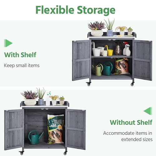 Yaheetech Garden Potting Bench Table, Outdoor Garden Horticultural Wooden Storage Cabinet & Solid Wood Planting Work Bench with Large Space Storage & Metal-Plated Tabletop, Gray