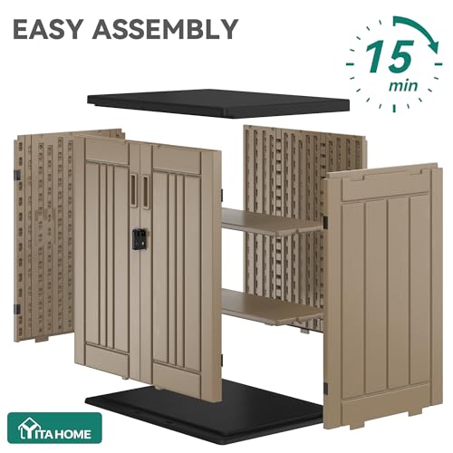 YITAHOME Outdoor Storage Cabinet with 2 Shelves, Waterproof Resin Horizontal Tool Shed, Lockable 15 cu. ft. Storage Shed for Patio, Garden, Yard, Brown
