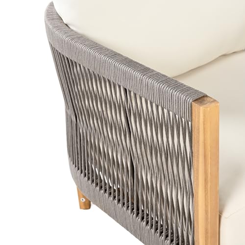 Christopher Knight Home Havets 5 Pieces Outdoor Acacia Furniture Set, Woven Rope Loveseat and Accent Club Chairs, 6" Thick Cushions Sofa and Coffee Table Set for Backyard Garden Balcony, Gray+Beige