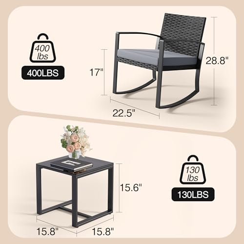 Qsun 3 Pieces Patio Furniture Set Rocking Bistro Set Outdoor Rattan Conversation with Coffee Table for Garden Balcony Backyard Poolside (Grey Cushion)