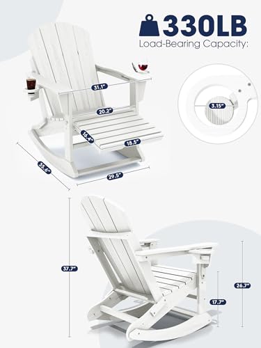 KINGYES Adirondack Rocking Chair Set of 2 with Retractable Ottoman and Cup Holders, HDPE Adirondack Rocker Patio Rocking Chair for Porch, Patio, Balcony, White