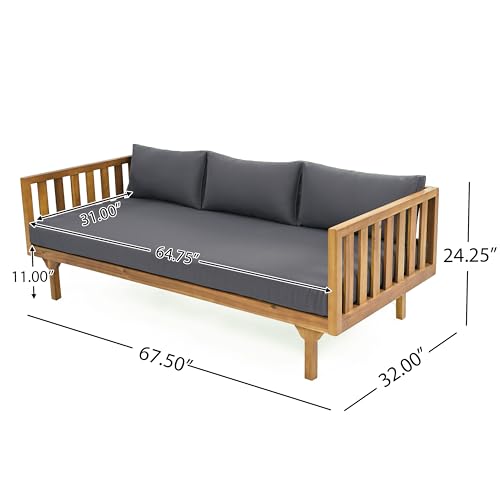 Christopher Knight Home Claremont Outdoor 3 Seater Acacia Wood Daybed with Fabric Water Resistant and Removable Cushions, Patio Garden Sofa with Slat Paneling Armrest and Back, Teak and Dark Grey