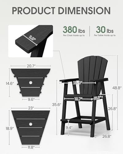 SUUNYN Tall Adirondack Chairs Set of 2, HDPE High Adirondack Chairs with Double Removable Trays, All Weather Outdoor Barstools for Patio, Balcony, Backyard, Deck and Garden, Black