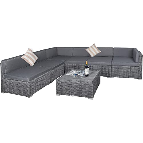 Welpatio Outdoor Patio Furniture Sets, 7 Pieces PE Rattan Wicker Outdoor Sectional Sofa Patio Conversation Set with Cushions and Coffee Table, Light Gray/Gray