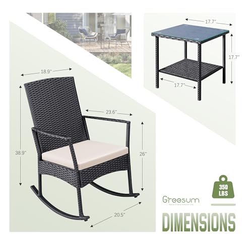 Greesum 3 Pieces Patio Furniture Set Outdoor Wicker Rocking Chairs with Glass Coffee Table for Garden Backyard Porch Poolside, Beige
