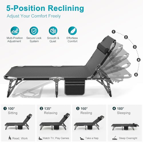 ABORON Chaise Lounge Chair,5 Positions Padded Outdoor Tanning Chair,Heavy Duty Portable Lounge Chair for Outdoor Sunbathing Patio Pool Lawn Deck Poolside,Support up to 440 Lbs
