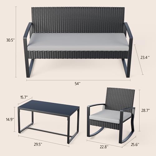 Ahomly 4 Piece Outdoor Patio Furniture Set, Wicker Patio Furniture with Glass Coffee Table, Rocking Wicker Bistro Set, for Backyard, Poolside, Porch (Grey)