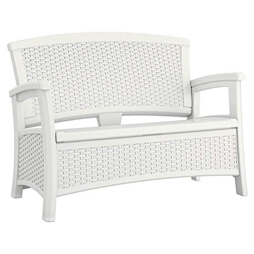 Suncast Elements Stylish Lightweight Loveseat Outdoor Seating with Convenient Built in Universal Storage, and All Weather Resin, White