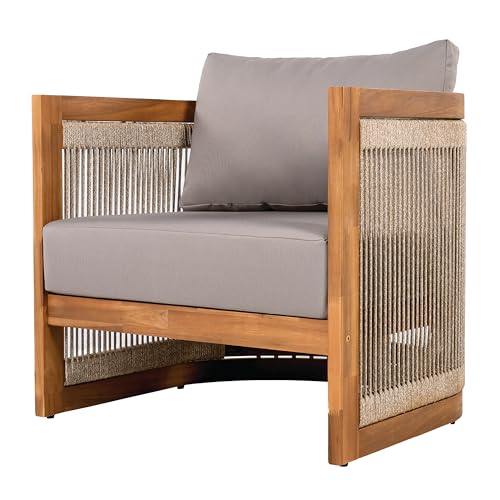 Christopher Knight Home Nesbit 4 Pieces Conversation Set, Acacia Wood Chat Set, Woven Rope Loveseat and Accent Chairs, Slat Panel Coffee Table, Patio Furniture Set for Backyard Balcony Garden, Gray