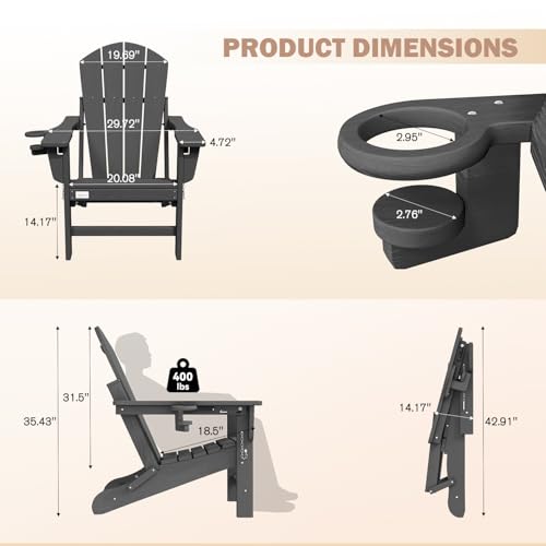 Mdeam Oversized 3-Level Adjustable Adirondack Chairs Set of 2, 400LBS Capacity HDPE Heavy Duty Tanning Chair with Cup Holder, All-Weather Folding Fire Pit Outdoor Chair for Patio Garden Lawn - Grey