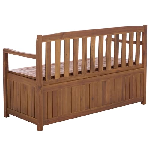 SAFAVIEH Outdoor Patio Furniture Collection – Kelter Solid Teak Wood Bench Box with Storage, Slatted Design, Versatile Indoor/Outdoor Seating (PAT6813A)