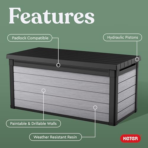 Keter Denali 150 Gallon Resin Large Deck Box with Double Wall 20mm Panels - Paintable and Drillable-Organization and Storage for Patio Furniture and Outdoor Items, Grey & Black
