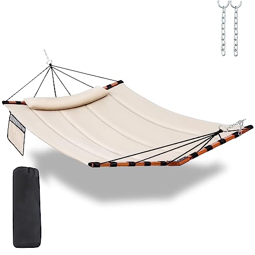 TegerDeger 12FT 2 Person Hammock with V Shaped Hardwood Spreader Bar & Nylon Rope for Outside, Patio, Garden, Backyard, Beach, Poolside, 450LB Capacity, 55in x 79in - Beige