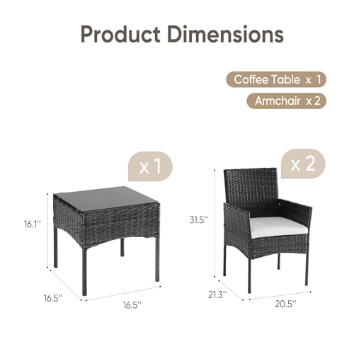 DUMOS 3-Piece Patio Furniture Set, All-Weather Outdoor Wicker Chairs with Removable Cushions & Tempered Glass Table, Small Bistro Set for Porch, Balcony, Lawn, Backyard, Black