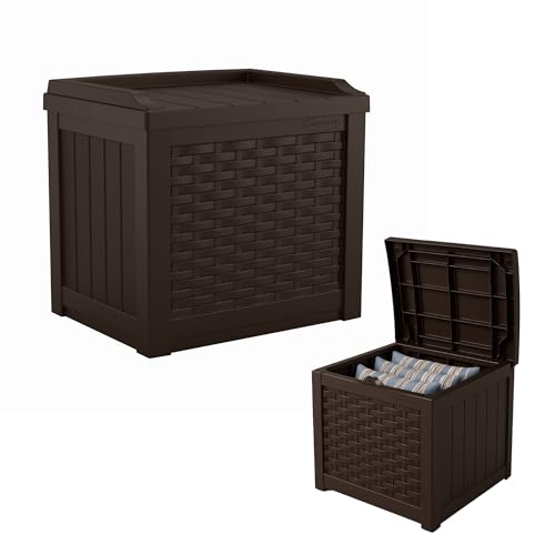 Suncast Outdoor Deck Box - 22 Gallon Java Resin Outdoor Storage Box, Weatherproof Patio Storage Bin Container for Seating & Organizing Cushions, Tools & Towels for Pool, Yard, & Garden