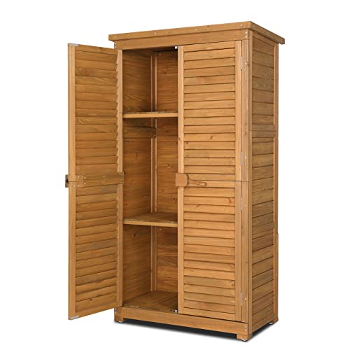 Outvita Outdoor Storage Cabinet, 63in Wooden Garden Tools Shed with 2 Lockable Doors, 3 Adjustable Shelves, Waterproof Roof for Yard Garge Patio Deck Porch, Natural
