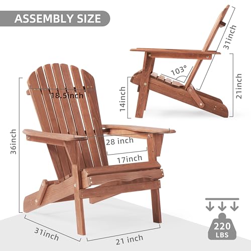 SoliWood Outdoor Wooden Folding Adirondack Chair Set of 2 with Pre-Assembled BackRest, Wood Patio Chair for Garden Backyard Porch Pool Deck Firepit