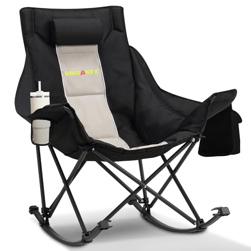 Unisakey Oversized Rocking Camping Chair with Headrest & Cup Holder - 400lbs Capacity, 600D Oxford Fabric, Easy Fold Portable Outdoor Rocker Chair for Camping, Backyard, Beach, Light Gray