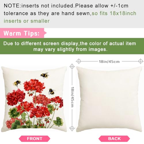 RABUSOFA Spring Summer Outdoor Geranium Pillow Covers 18x18 Inch Set of 2 Waterproof for Outside, Red Bee Holiday Farmhouse Seasonal Indoor Cushion Cases Decoration for Patio Furniture
