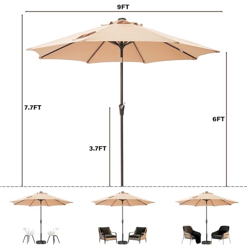 Tioline 9FT Solar-Powered LED Patio Umbrella with Tilt Crank,Outdoor Market Umbrella with 32 Lights,Sunshade for Deck, Garden and Pool,Beige