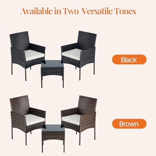 Sweetcrispy 3 Piece Patio Furniture Set, All-Weather Outdoor Conversation Set with Removable Cushions & Tempered Glass Table, Small Bistro Set for Balcony, Porch, Backyard, Deck, Brown
