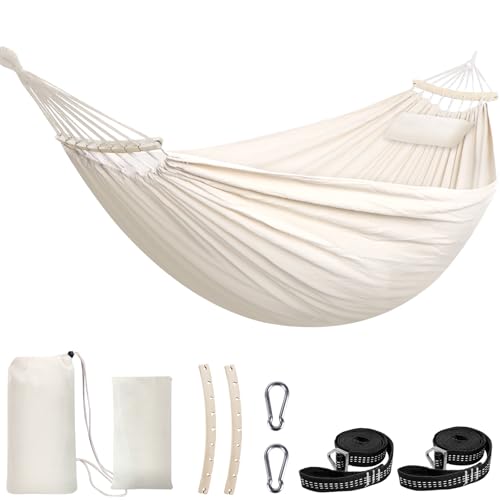 Chihee Cotton Hammock Holds Up to 660lbs Fabric Hammock 8.9x4.9ft Soft Portable Tree Hammocks Camping with Detachable Spreader Bar Pillow 2 Strong Webbings 2 Carabiners Indoor Outdoor Backyard Garden