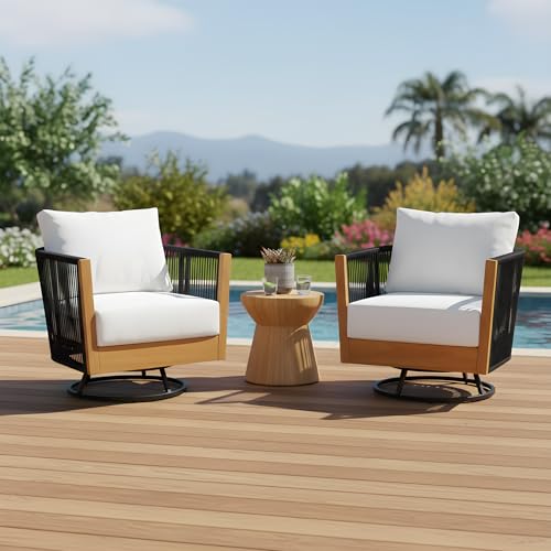 Christopher Knight Home Gunar Outdoor Acacia Wood Swivel Club Chair Set of 2 with Removable Cushion, 360° Swivel Accent Chair with Metal Frame+Handwoven Rope, Rotating Armchair, Natural+Black+Beige