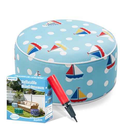 AURASUN Inflatable Outdoor Ottoman Pouf - Portable Footstool with Handle D20” x H10” - Air Pump Included for Outdoor Indoor Use - Comfortable Foot Rest or Seating for Camping or Pool (Light Blue)