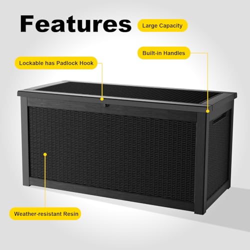 KFY 320 Gallon Waterproof Outdoor Storage Box, UV Resistant Resin Deck Box with Hydraulic Rod for Reinforced Stability, Perfect for Patio, Garden, and Pool（Black，320 Gallon）