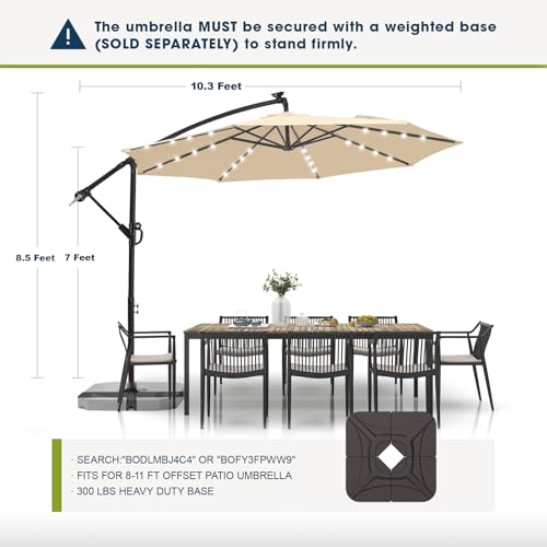 wikiwiki 10ft Solar LED Offset Patio Umbrella, Outdoor Cantilever Patio Umbrellas with Solor Lights for Backyard, Poolside and Garden, Easy Tilt Adjustment, 32 LED Lights & Polyester Shade, Beige