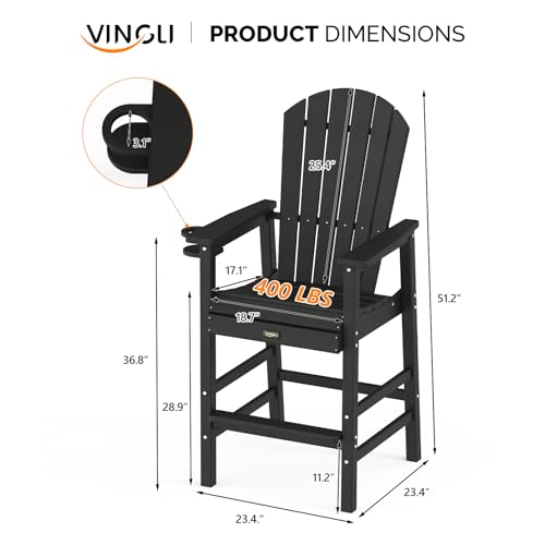 VINGLI Tall Adirondack Chair, All-Weather Plastic Adirondack Chair with Cup Holder Heavy-Duty Outdoor Barstools for Patio, Pool, Balcony,Backyard (Black, 1 PCS)