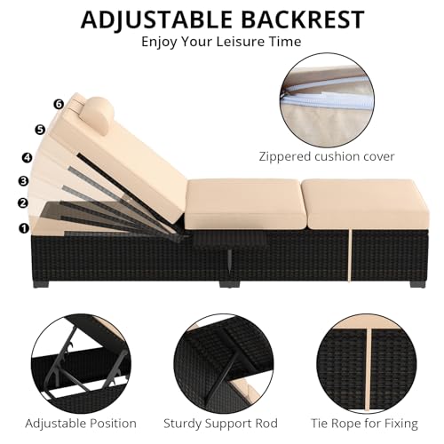 PeakPursuit Patio Lounge Chairs,Outdoor PE Wicker Chaise Lounge Set of 2,Chaise Lounge Chair Outdoor，Pool Furniture,Brown Rattan Recliners with Adjustable Backrest,Storage Table,Beige