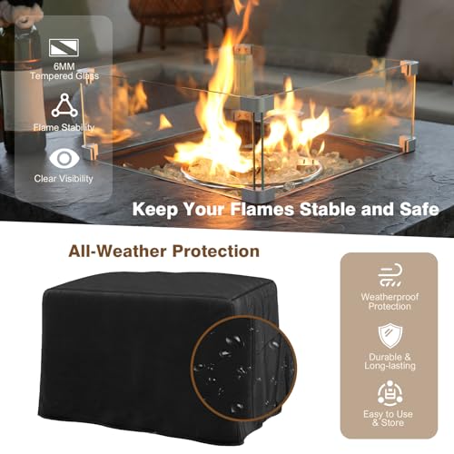 4-Piece Propane Fire Pit Table Set w Glass Wind Guard & Fire Glass Beads & Rain Cover, 35-Inch Square Outdoor Gas Fire Table 50,000 BTU for Patio, Black Terrazzo with Slate-Stone Look