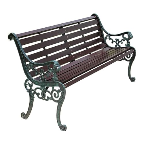Outdoor Solid Wood Garden Park Bench for 2-3 People, Weatherproof Patio Lawn Bench Porch Seat with Cast Iron Frame, Porch/Deck/Patio Furniture Bench with Backrest and Armrests(Brown+Antique Green Legs