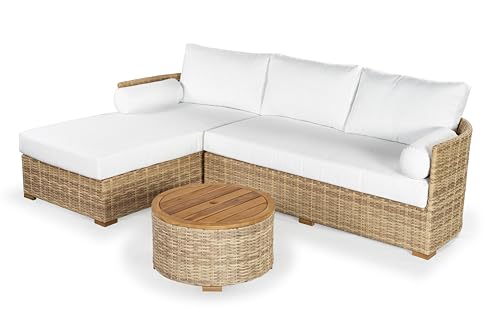 SAFAVIEH Couture Outdoor - Anguilla Round Wicker Coffee Table - Solid Wood and Aluminum - Coastal Woven Design - Ideal for Patio, Deck, Porch, Backyard, 25.6"W x 25.6"D x 13.8"H (CPT2103A)