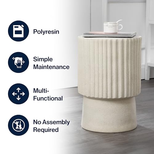 JONATHAN Y Louisa 19" Fluted Outdoor Accent Table, All-Weather Cream Terrazzo Pedestal Garden Stool, Small Round Side Table for Patio, Porch, and Living Room TBL1102B