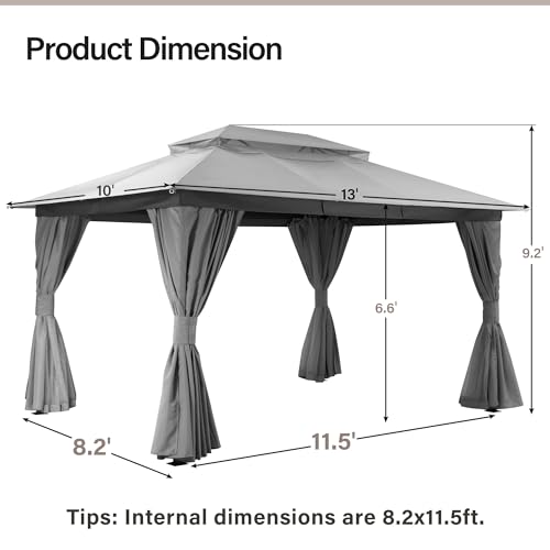 LAUSAINT HOME 10'x13' Outdoor Gazebo, Metal Frame Heavy Duty Patio Canopy Tent Shelter with Double Roofs, Mosquito Nettings and Privacy Screens for Backyard, Garden, Lawn, Gray