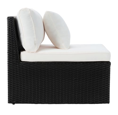 SAFAVIEH Outdoor - Pramla Settee and Ottoman Set - Black & Beige - Steel Frame with Cushion - Coastal Storage Design - Ideal for Patio, Deck, Porch, Backyard (PAT7515A)