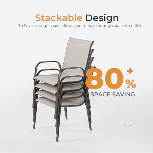 HAPPATIO Outdoor Patio Dining Set, 8 Quick Dry Textilene Dining Chairs and Dining Table with Umbrella Hole, Stackable Textilene Chairs for Garden, Patio and Poolside Backyard, Light Grey