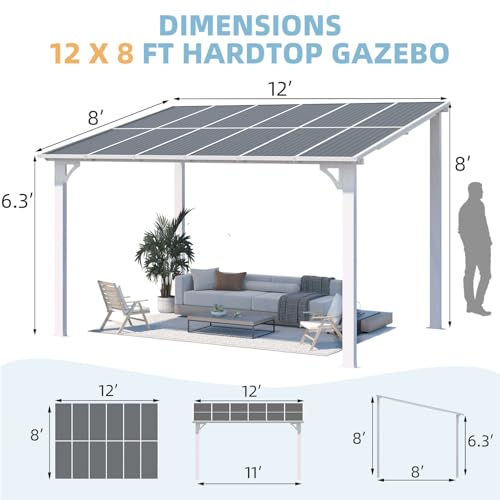 AECOJOY 12' x 8' Outdoor Gazebo Pergola for Patio, Large White Hardtop Lean to 8x12 Gazebo Shelter Pergolas and Gazebos Clearance with Patio Roof, Wall-Mounted Heavy Duty Awnings for Backyard