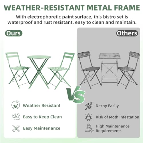 DSNAPE 3-Piece Folding Bistro Set, 2 Chairs and 1 Coffee Table, Space Saving Weather-Resistant Frame, Portable Indoor/Outdoor Patio Furniture Conversation Set for Garden Porch Balcony Deck - Green