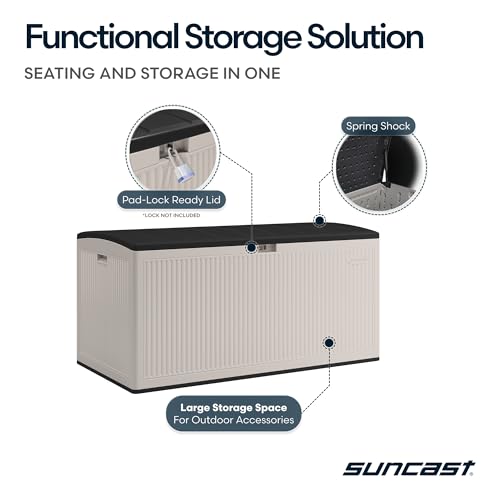 Suncast 160-Gal. Resin Extra-Large Outdoor Patio Deck Box with Pad-Lockable Lid, Modern Reeded Outdoor Patio Bench/Storage Box for Cushions, Garden Tools, and More, Iron Ore/French Gray