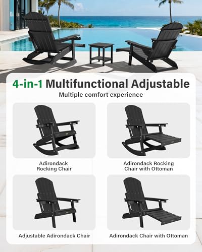 YEFU Outdoor Rocking Chairs Set of 2, Adirondack Chair with Retractable Ottoman, Adjustable Adirondack Rocking Chair,Rockings Chairs Outside,Weather Resistant,for Patio,Porch,Lawn,Heavy Duty,Black