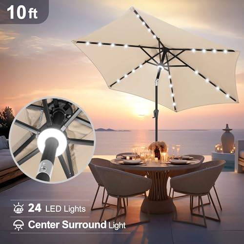 FLAME&SHADE 10ft Solar Outdoor Umbrella - 24 LED Lighted Patio Umbrella with Centre Surround Light, Table Umbrellas with Tilt & Crank for Pool, Porch, Garden, Deck, Backyard UV Protection (Beige)